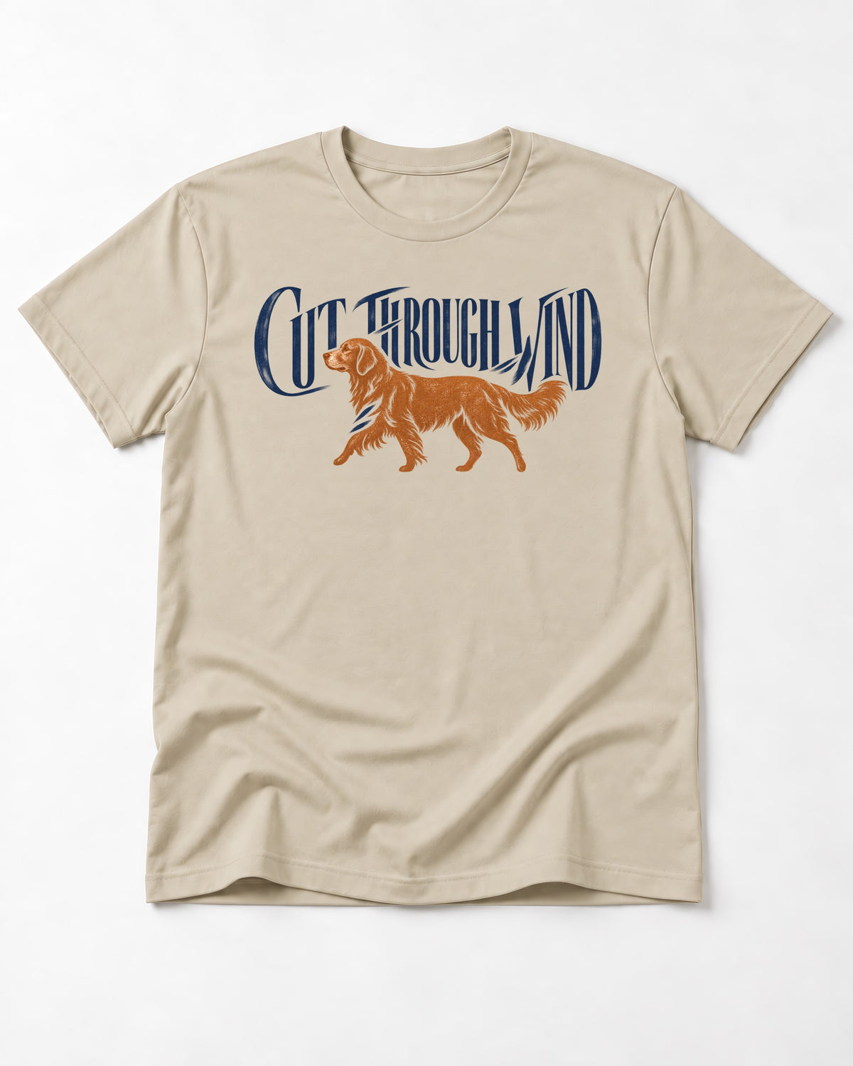 Golden Retriever Cut Through Land T-Shirt in Sand, flat lay product photo