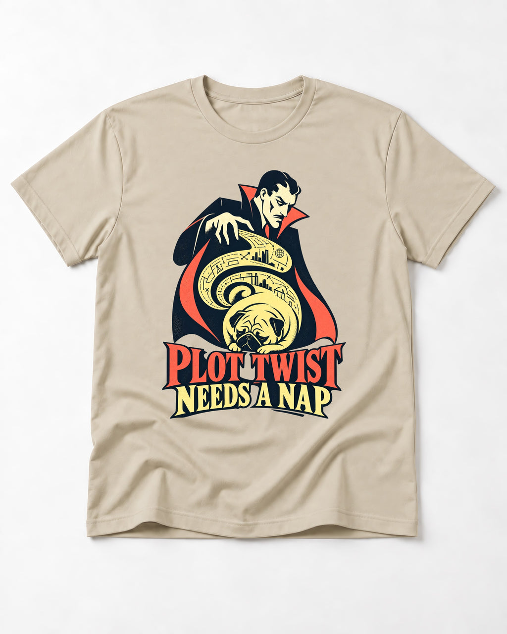 Pug Needs a Nap T-Shirt in Sand, flat lay product photo