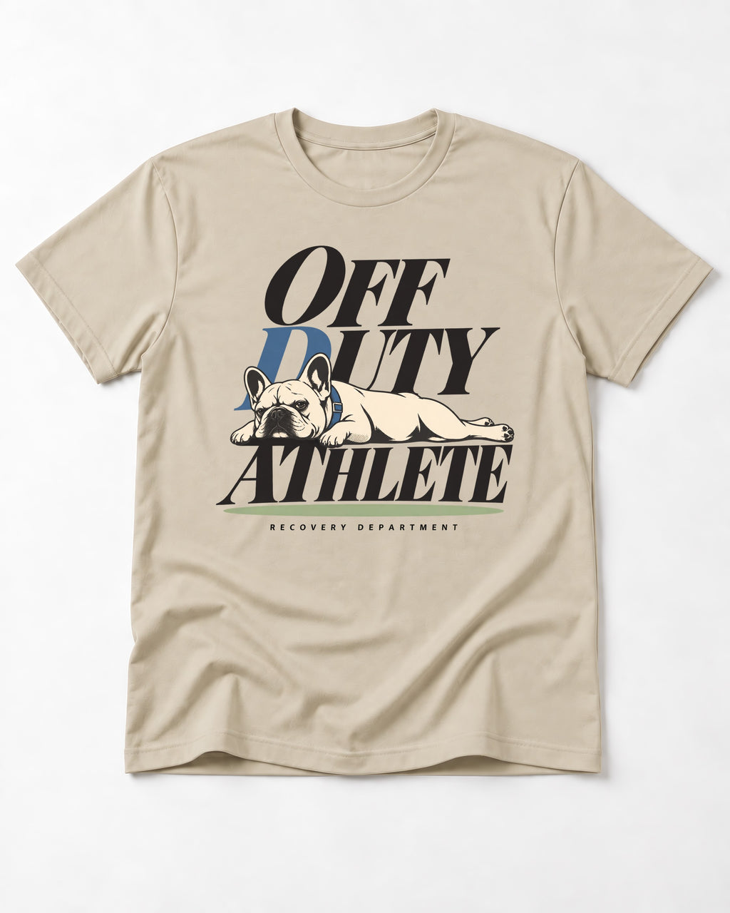 Off Duty Athlete Frenchie T-Shirt in Sand, flat lay product photo
