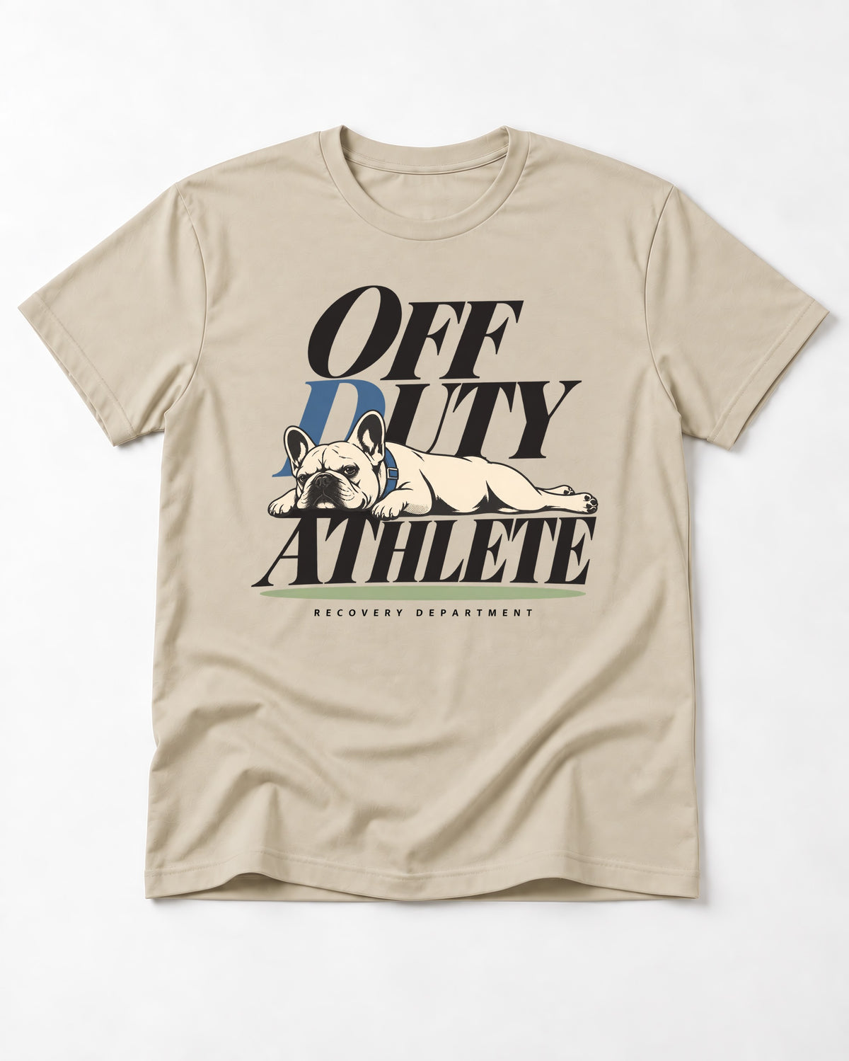 Off Duty Athlete Frenchie T-Shirt in Sand, flat lay product photo