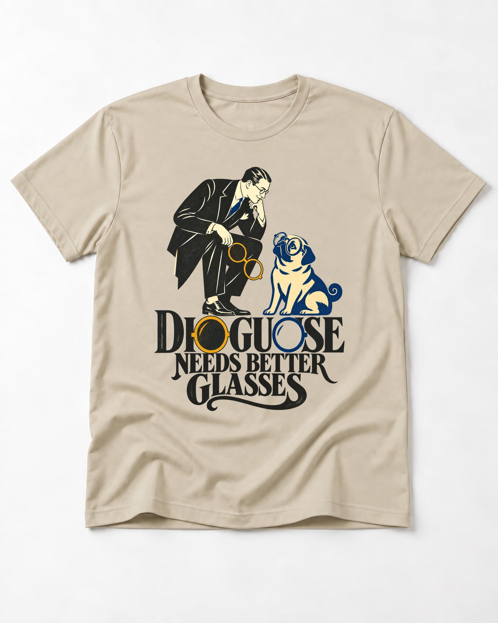 Pug Needs Better Glasses T-Shirt in Sand, flat lay product photo
