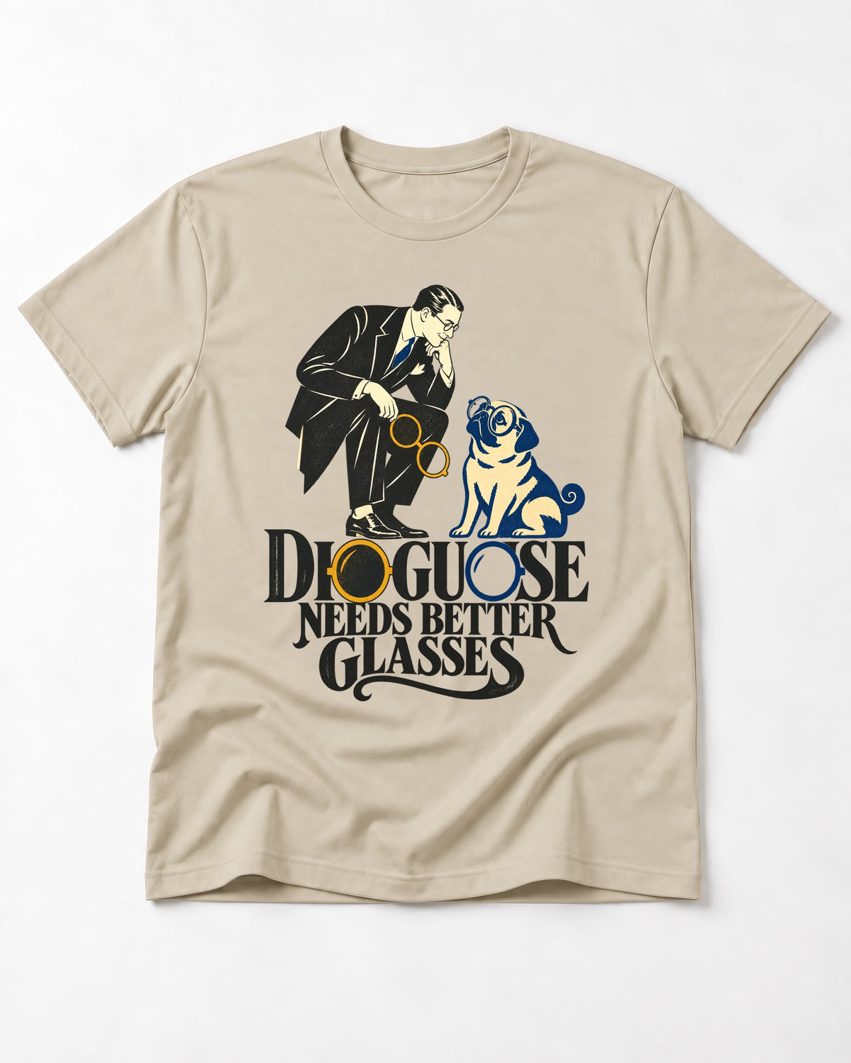 Pug Needs Better Glasses T-Shirt in Sand, flat lay product photo