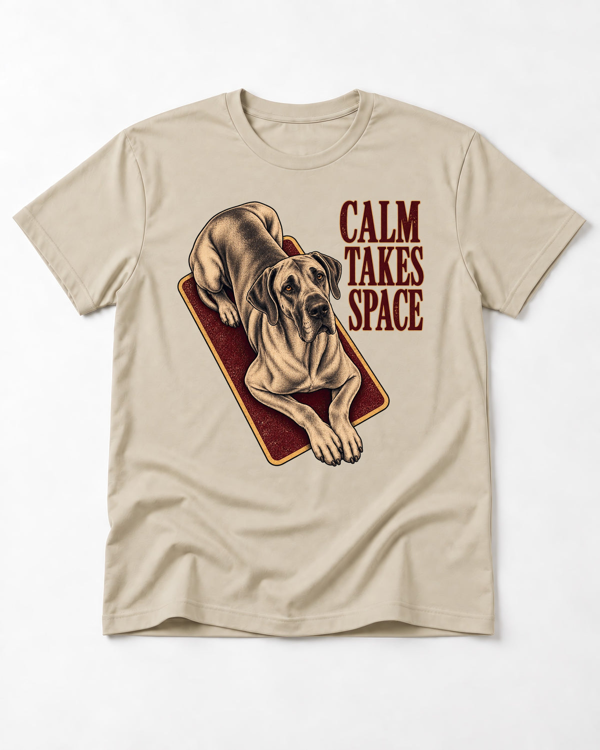 Great Dane Calm Takes Space T-Shirt in Sand, flat lay product photo