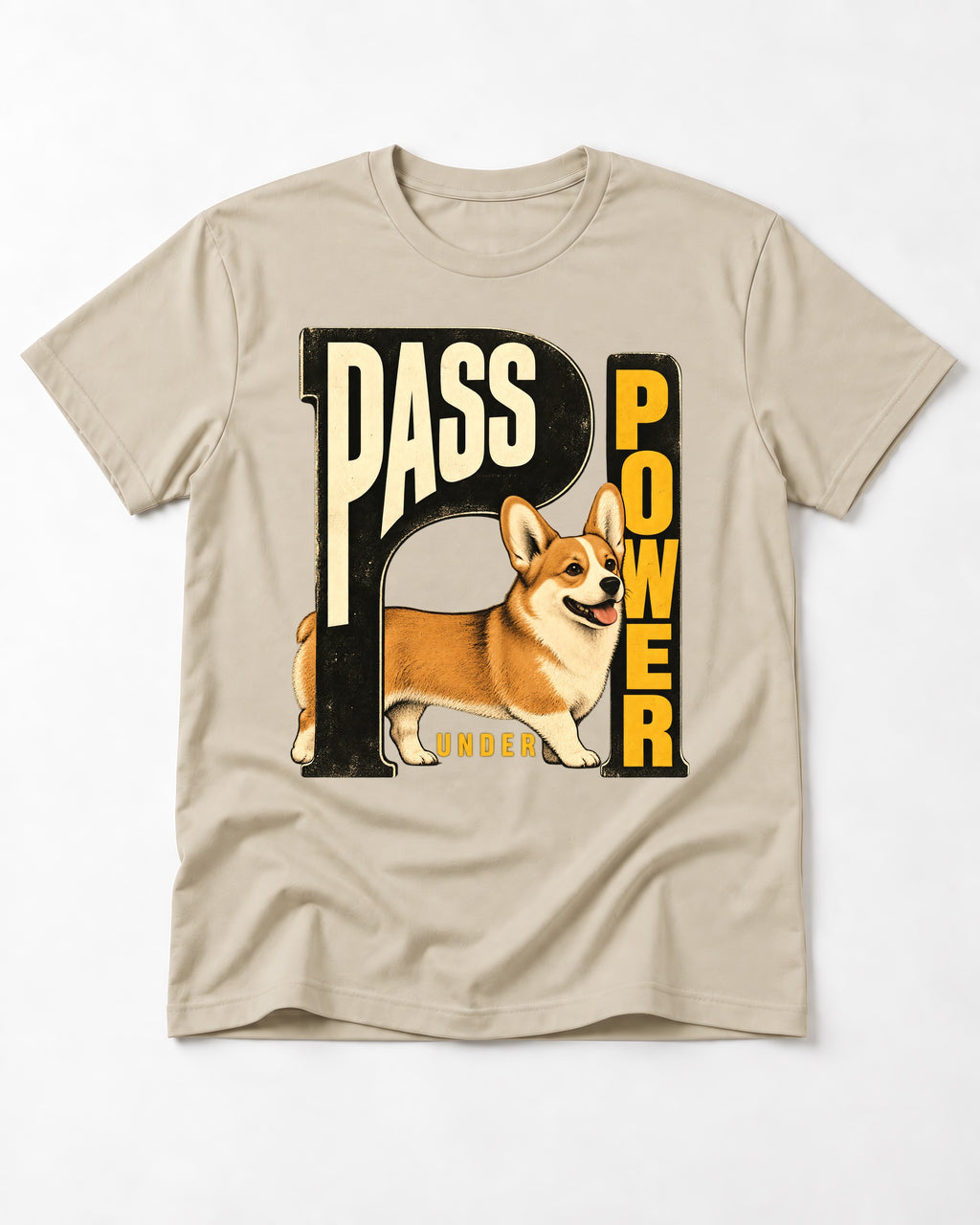 Corgi Power T-Shirt in Sand, flat lay product photo