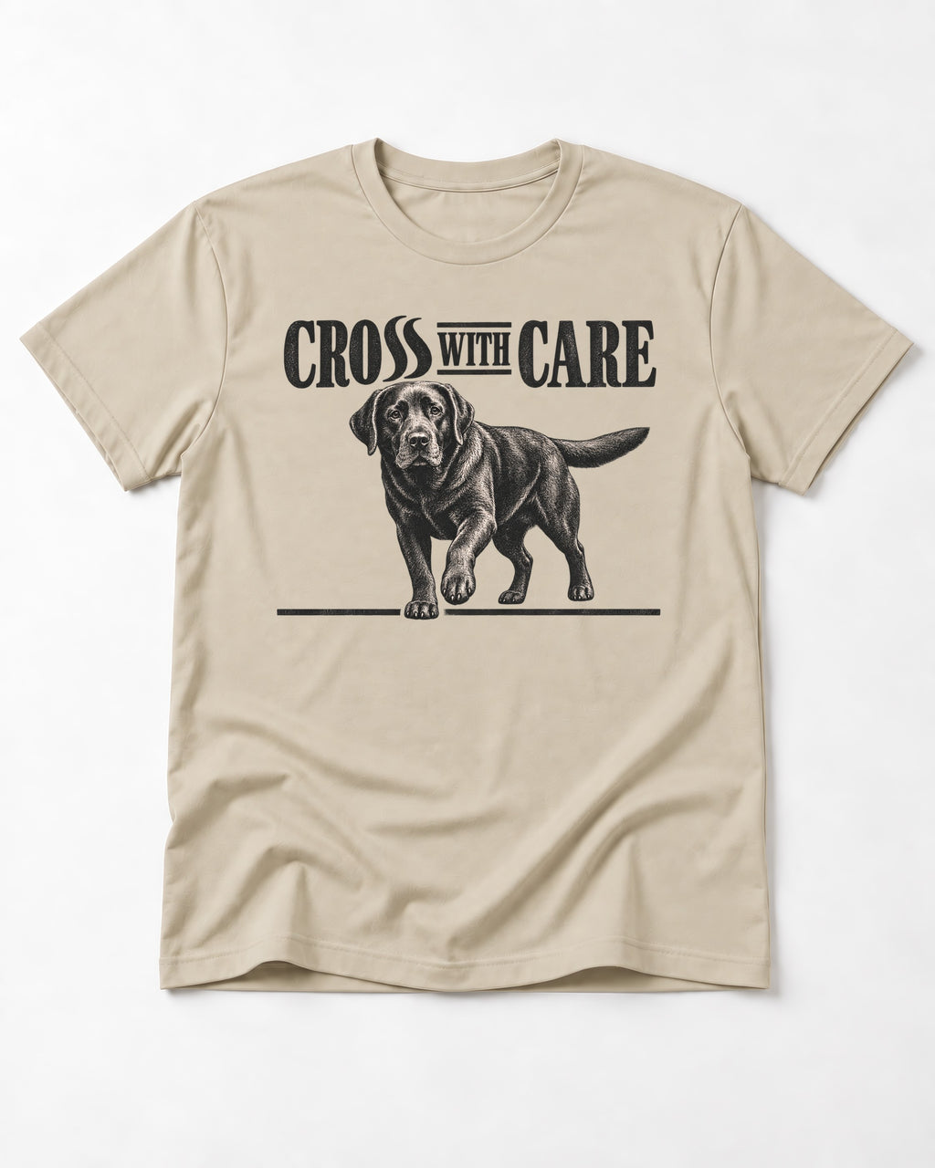 Labrador Retriever Cross with Care T-Shirt in Sand, flat lay product photo