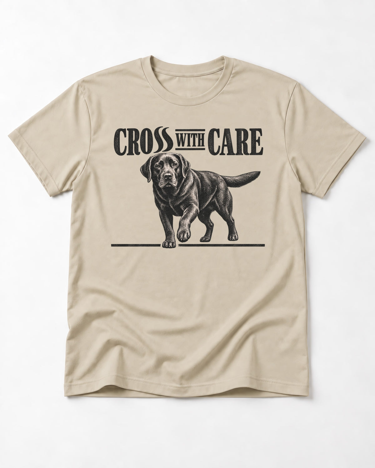Labrador Retriever Cross with Care T-Shirt in Sand, flat lay product photo