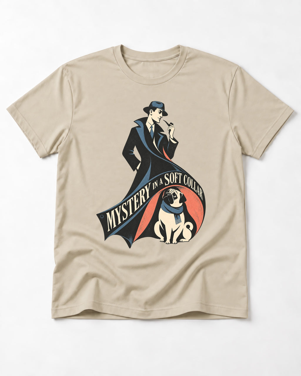 Pug Soft Collar Mystery T-Shirt in Sand, flat lay product photo