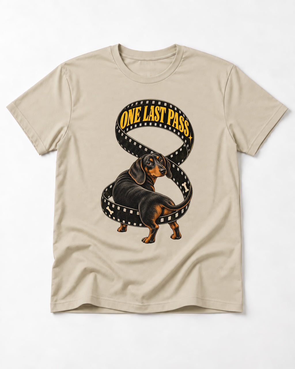 Dachshund's One Last Pass T-Shirt in Sand, flat lay product photo