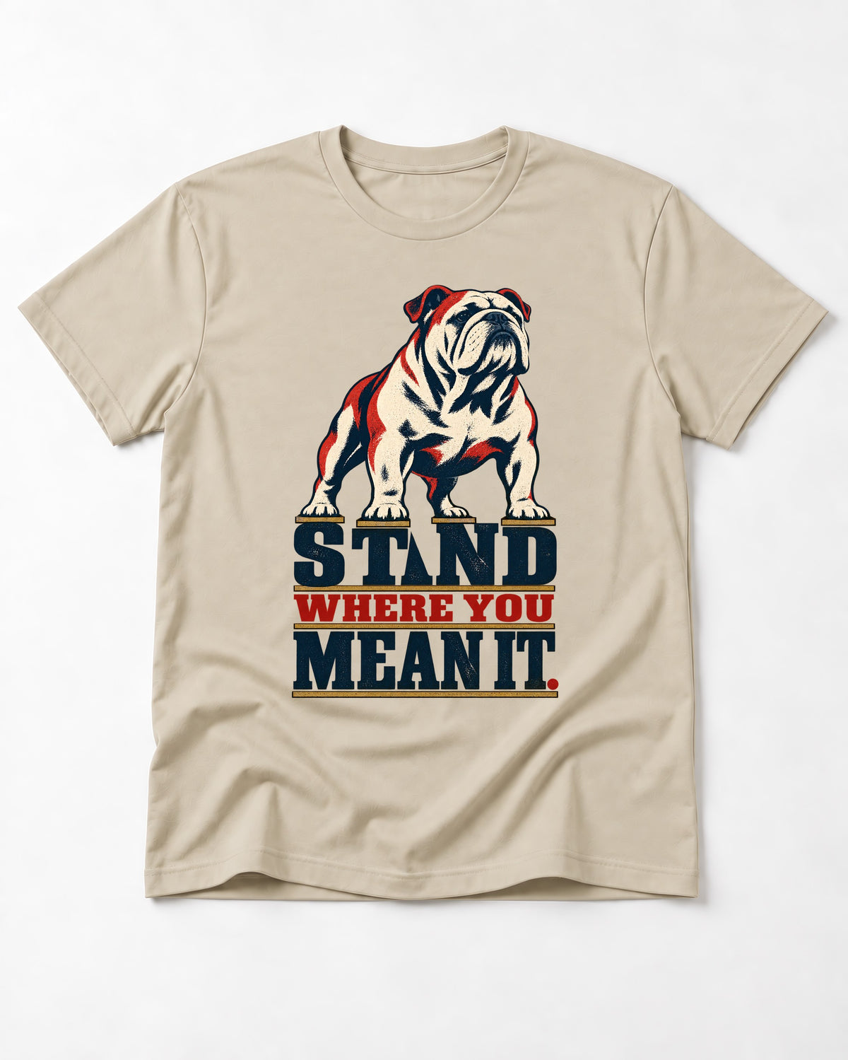 English Bulldog Stand T-Shirt in Sand, flat lay product photo