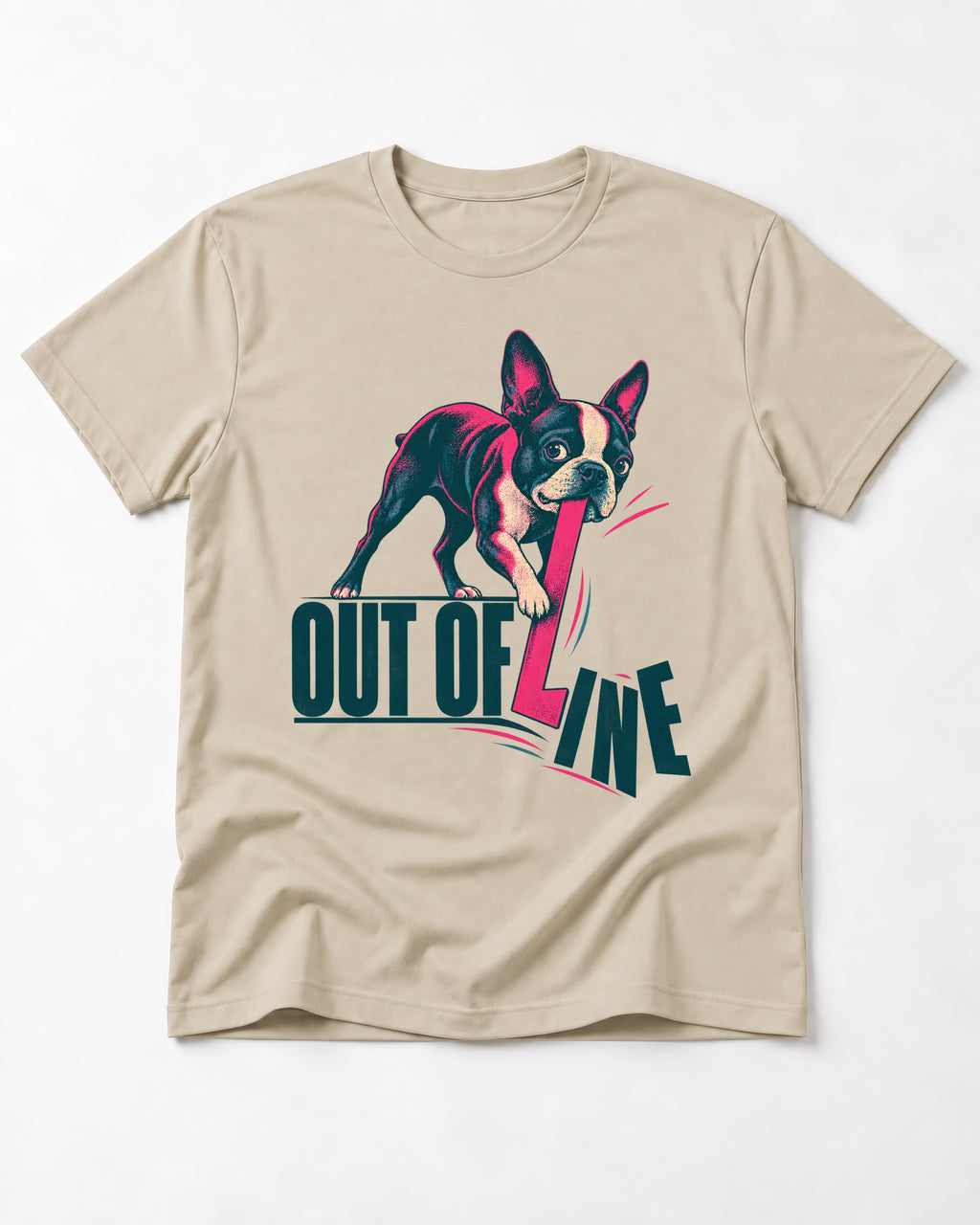 Boston Terrier Out of Line T-Shirt in Sand, flat lay product photo