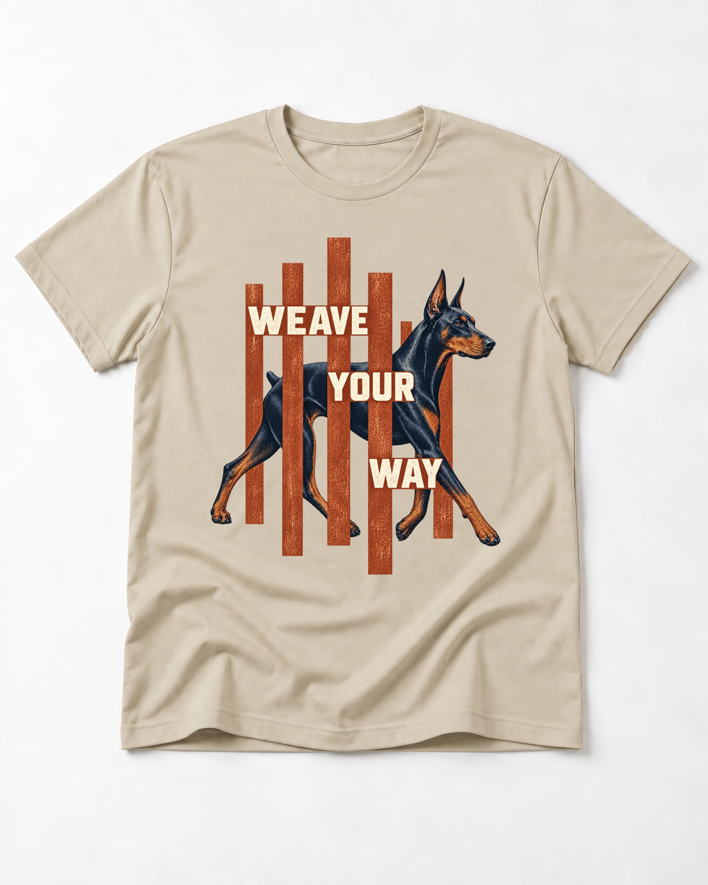 Weave Your Way Doberman T-Shirt in Sand, flat lay product photo