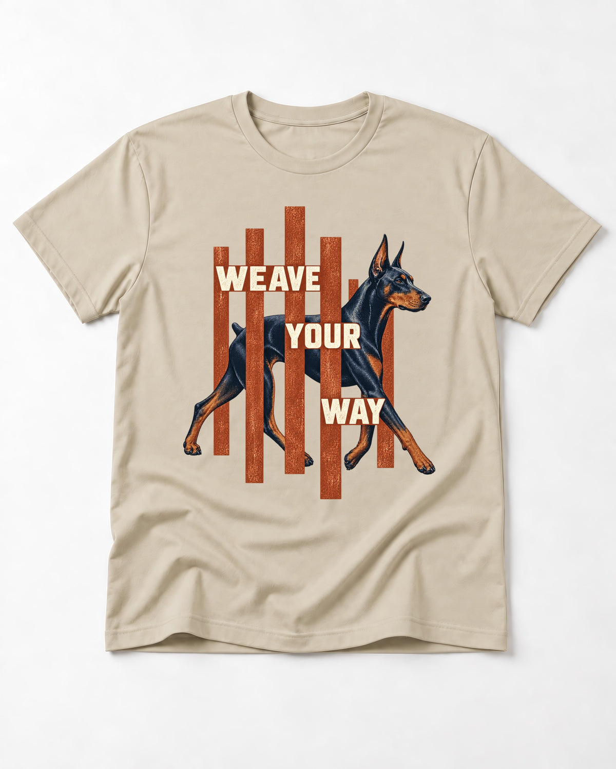 Weave Your Way Doberman T-Shirt in Sand, flat lay product photo