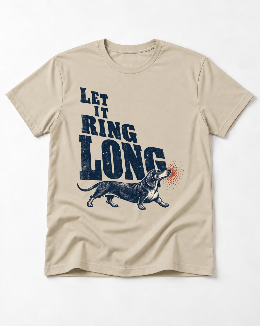 Let It Ring Long Dachshund T-Shirt in Sand, flat lay product photo