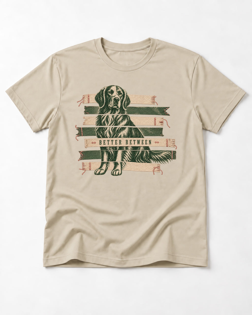 Golden Retriever Better Between T-Shirt in Sand, flat lay product photo