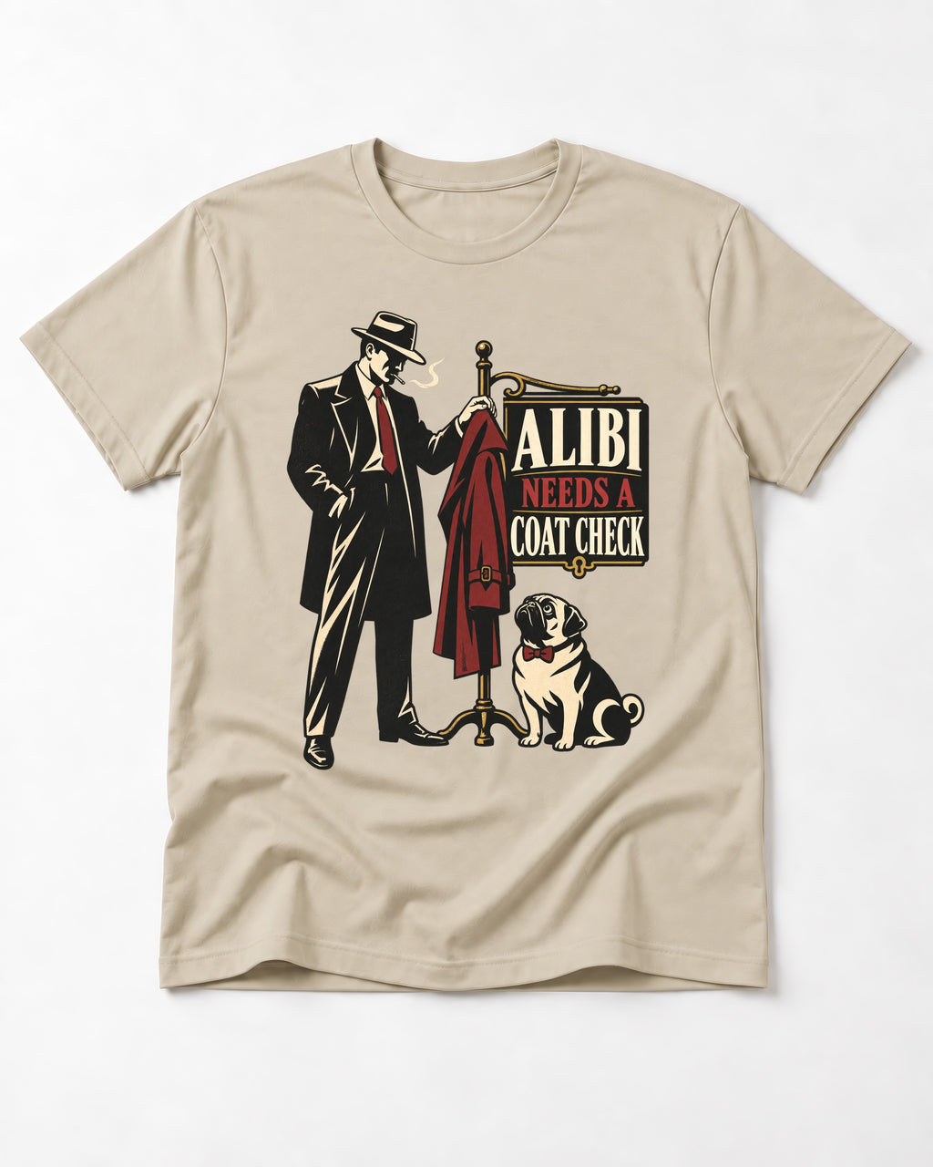 Pug Alibi Needs Coat Check T-Shirt in Sand, flat lay product photo