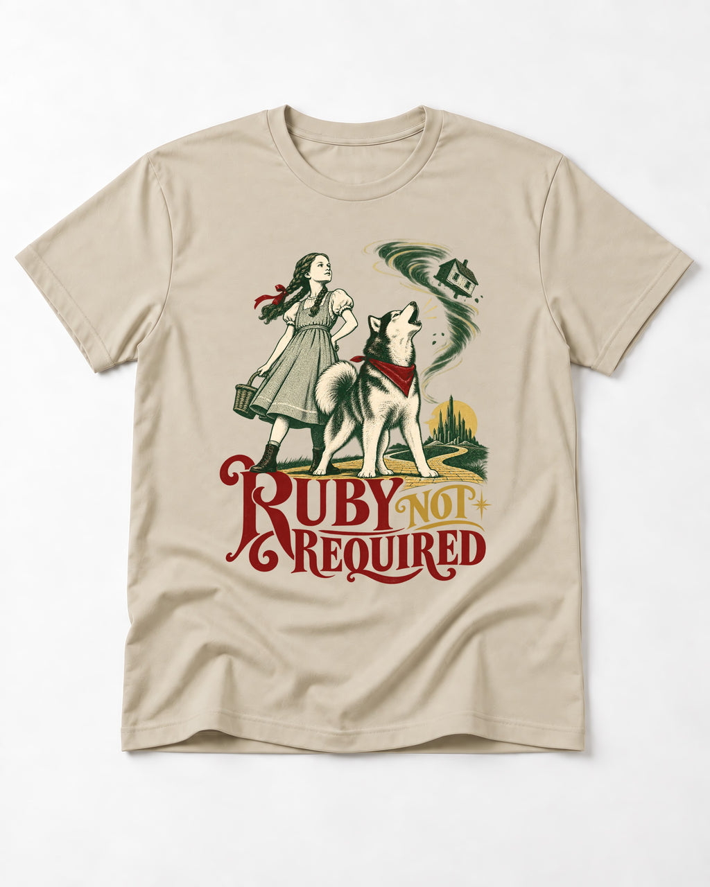 Ruby Not Required for Husky T-Shirt in Sand, flat lay product photo