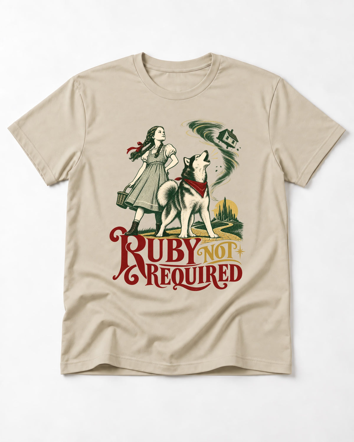 Ruby Not Required for Husky T-Shirt in Sand, flat lay product photo