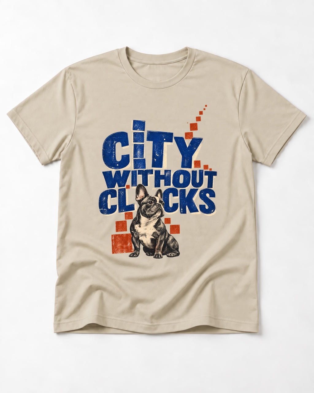 Frenchie's City Without Clocks T-Shirt in Sand, flat lay product photo