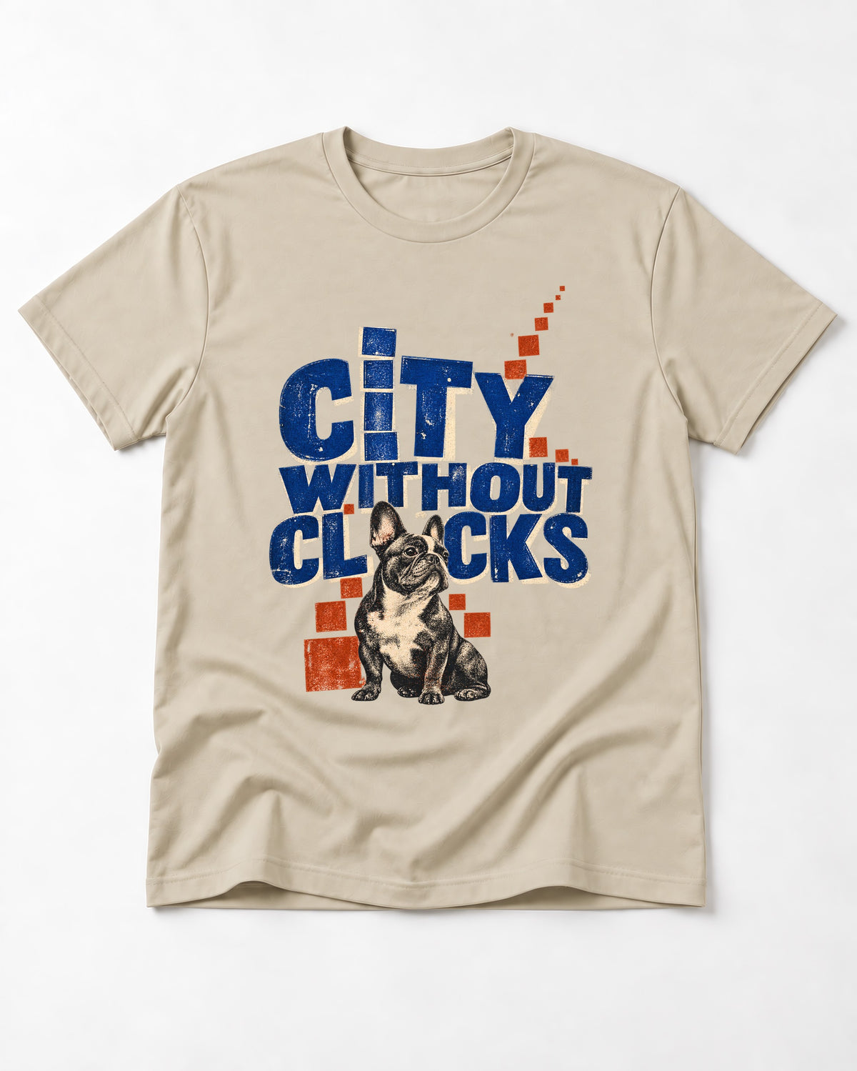 Frenchie's City Without Clocks T-Shirt in Sand, flat lay product photo