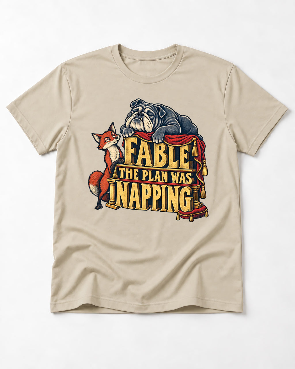 English Bulldog The Plan Was Napping T-Shirt in Sand, flat lay product photo