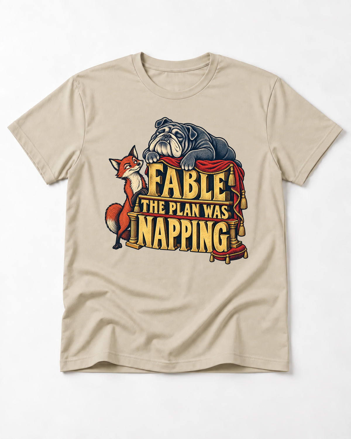 English Bulldog The Plan Was Napping T-Shirt in Sand, flat lay product photo