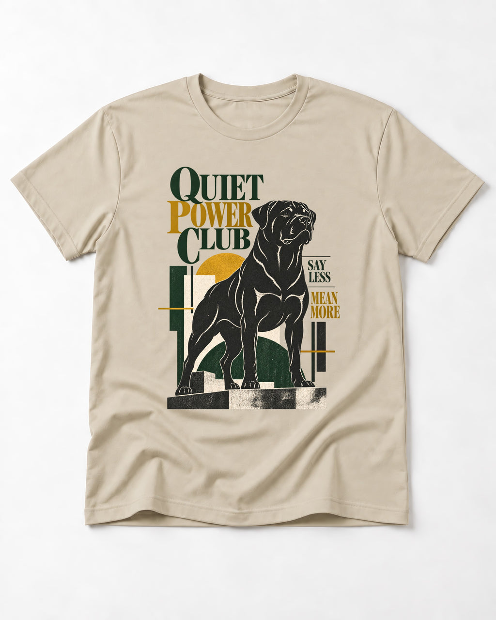 Rottweiler Quiet Power Club T-Shirt in Sand, flat lay product photo