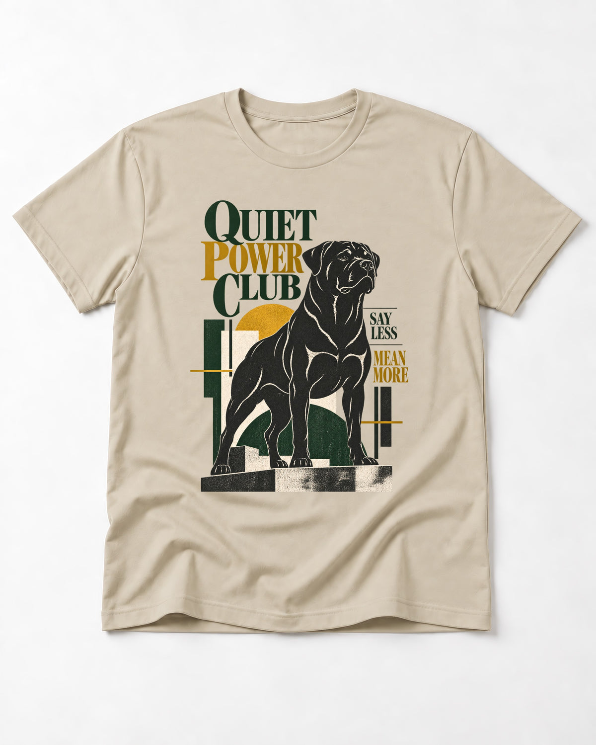 Rottweiler Quiet Power Club T-Shirt in Sand, flat lay product photo
