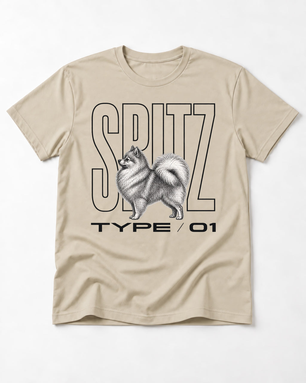 Pomeranian Spitz T-Shirt in Sand, flat lay product photo