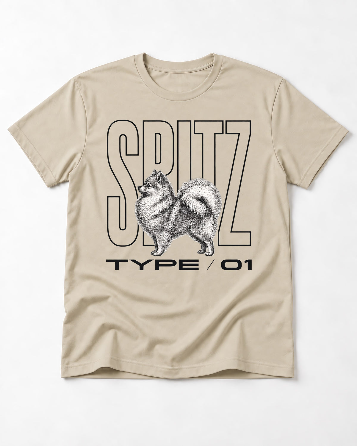 Pomeranian Spitz T-Shirt in Sand, flat lay product photo