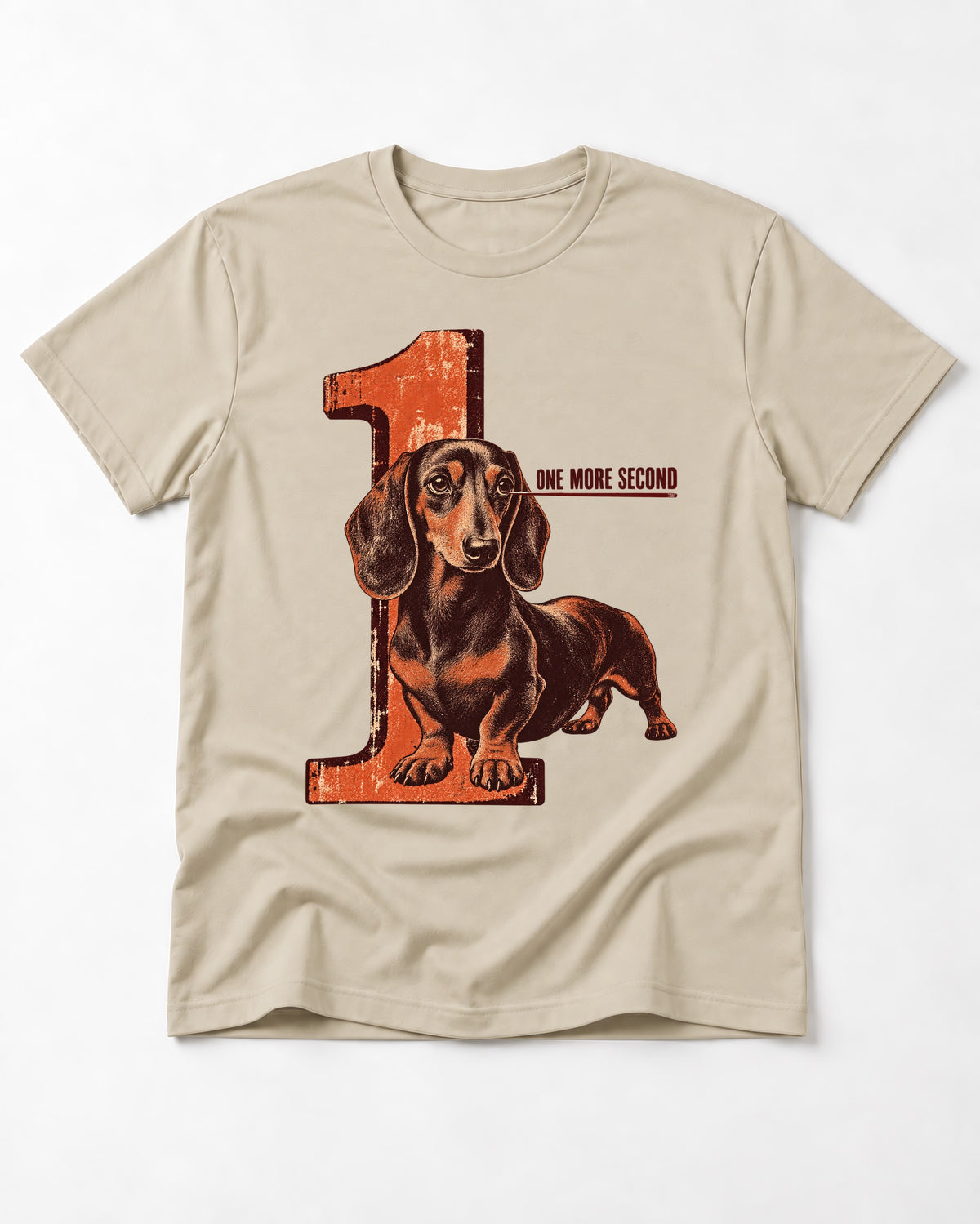 One More Second Dachshund T-Shirt in Sand, flat lay product photo