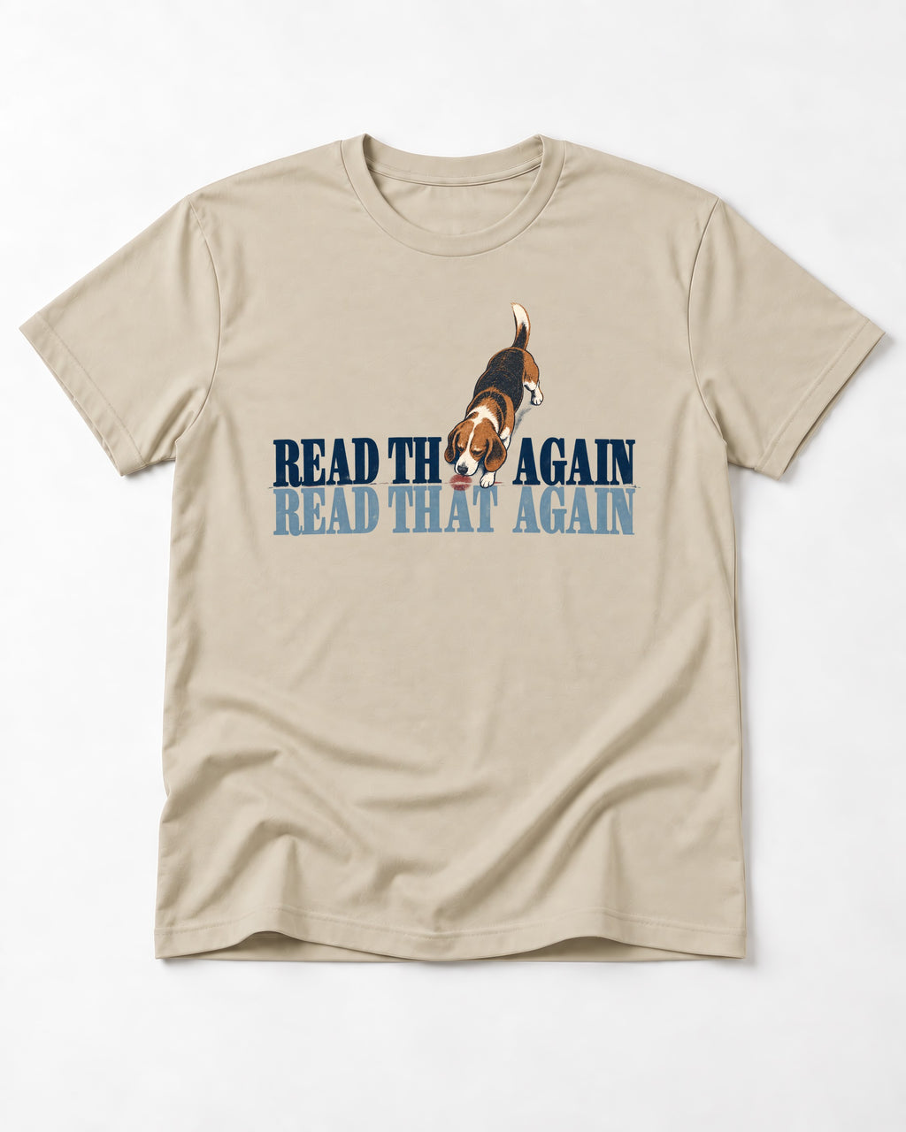 Read That Again Beagle T-Shirt in Sand, flat lay product photo