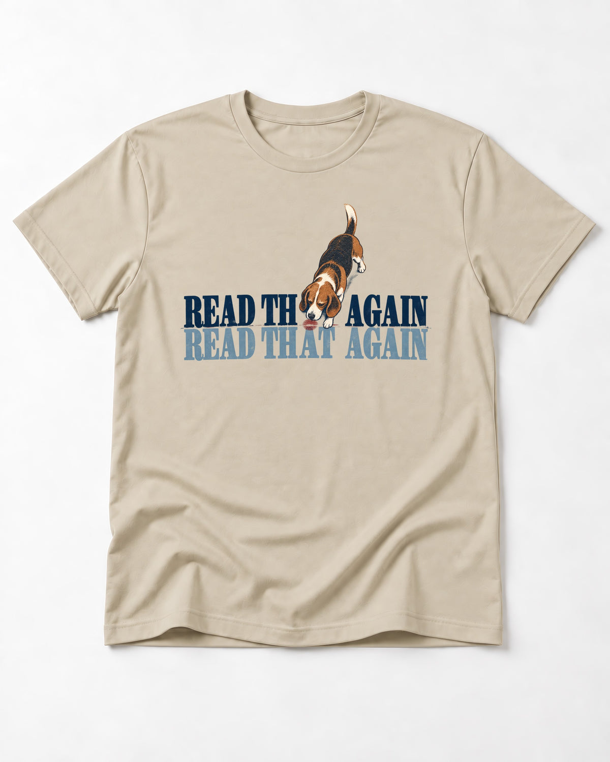 Read That Again Beagle T-Shirt in Sand, flat lay product photo