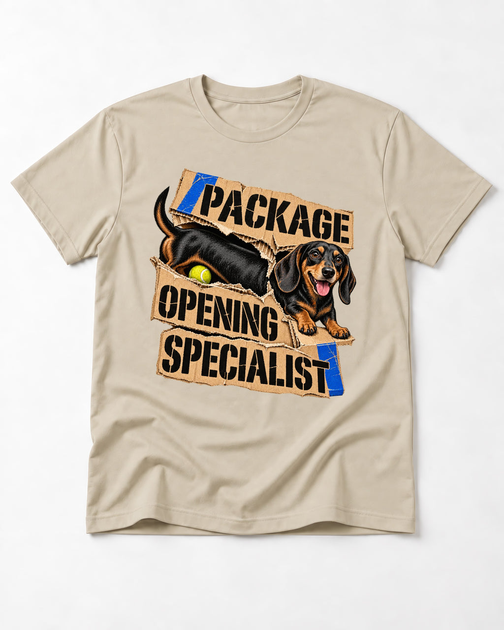 Dachshund Package Opening Specialist T-Shirt in Sand, flat lay product photo