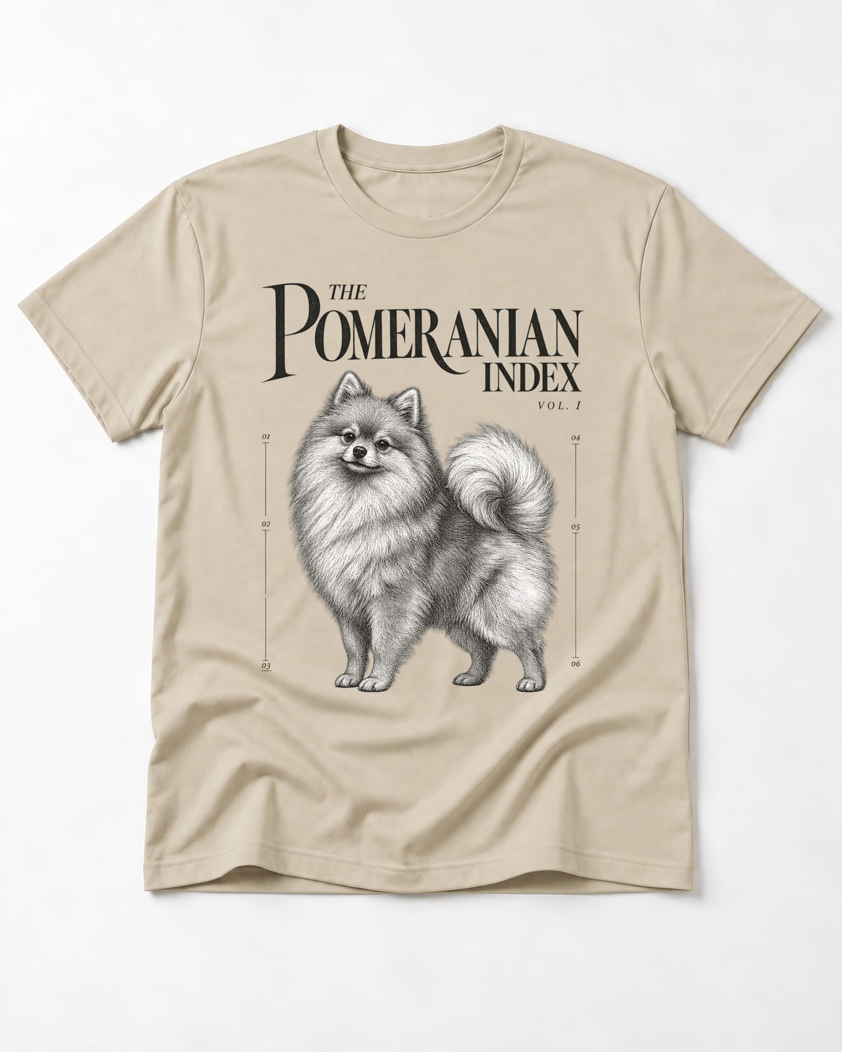 The Pomeranian Index T-Shirt in Sand, flat lay product photo