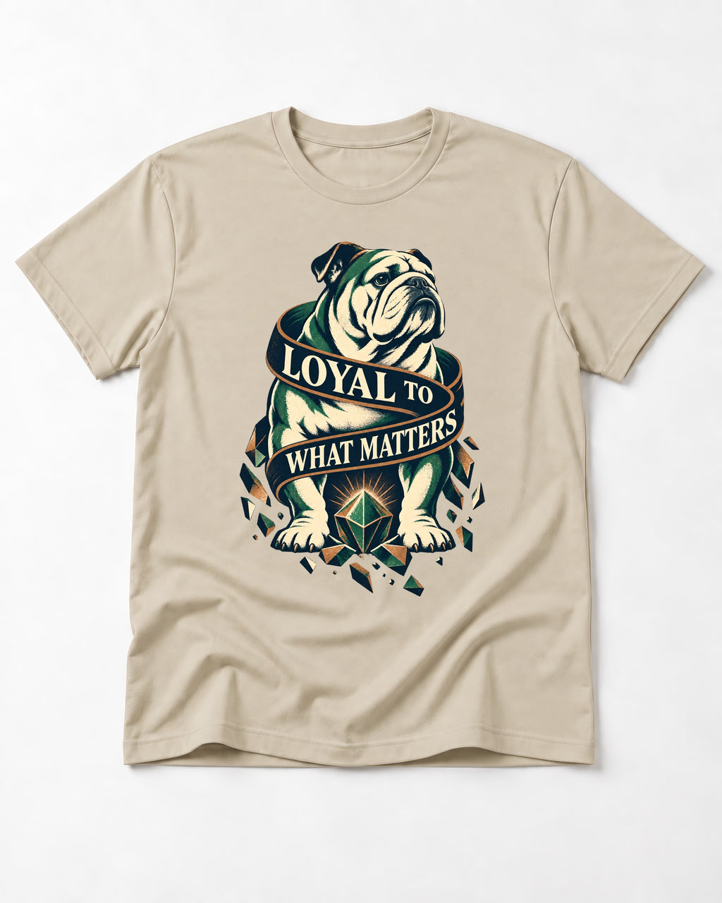 Loyal to What Matters English Bulldog T-Shirt in Sand, flat lay product photo
