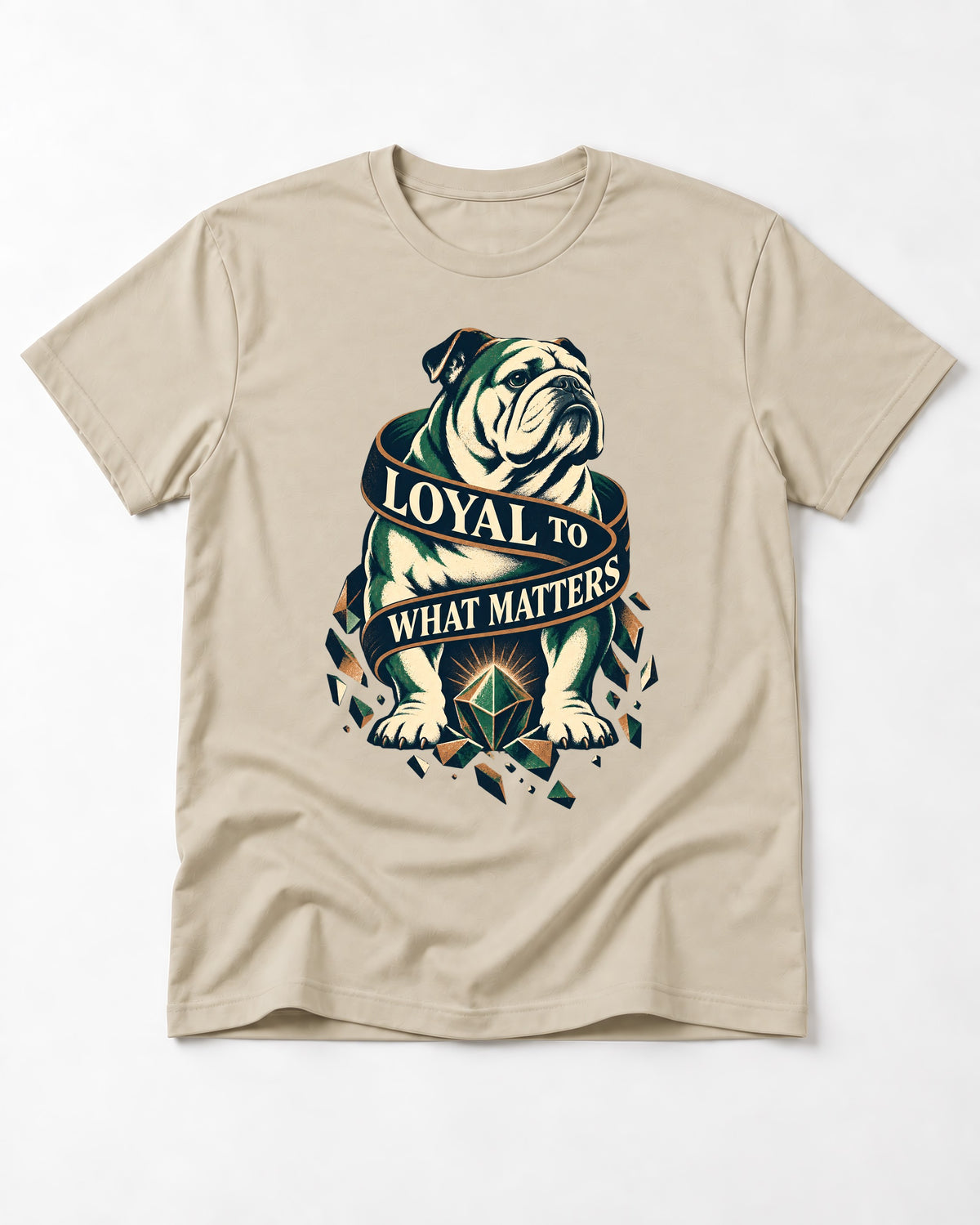 Loyal to What Matters English Bulldog T-Shirt in Sand, flat lay product photo