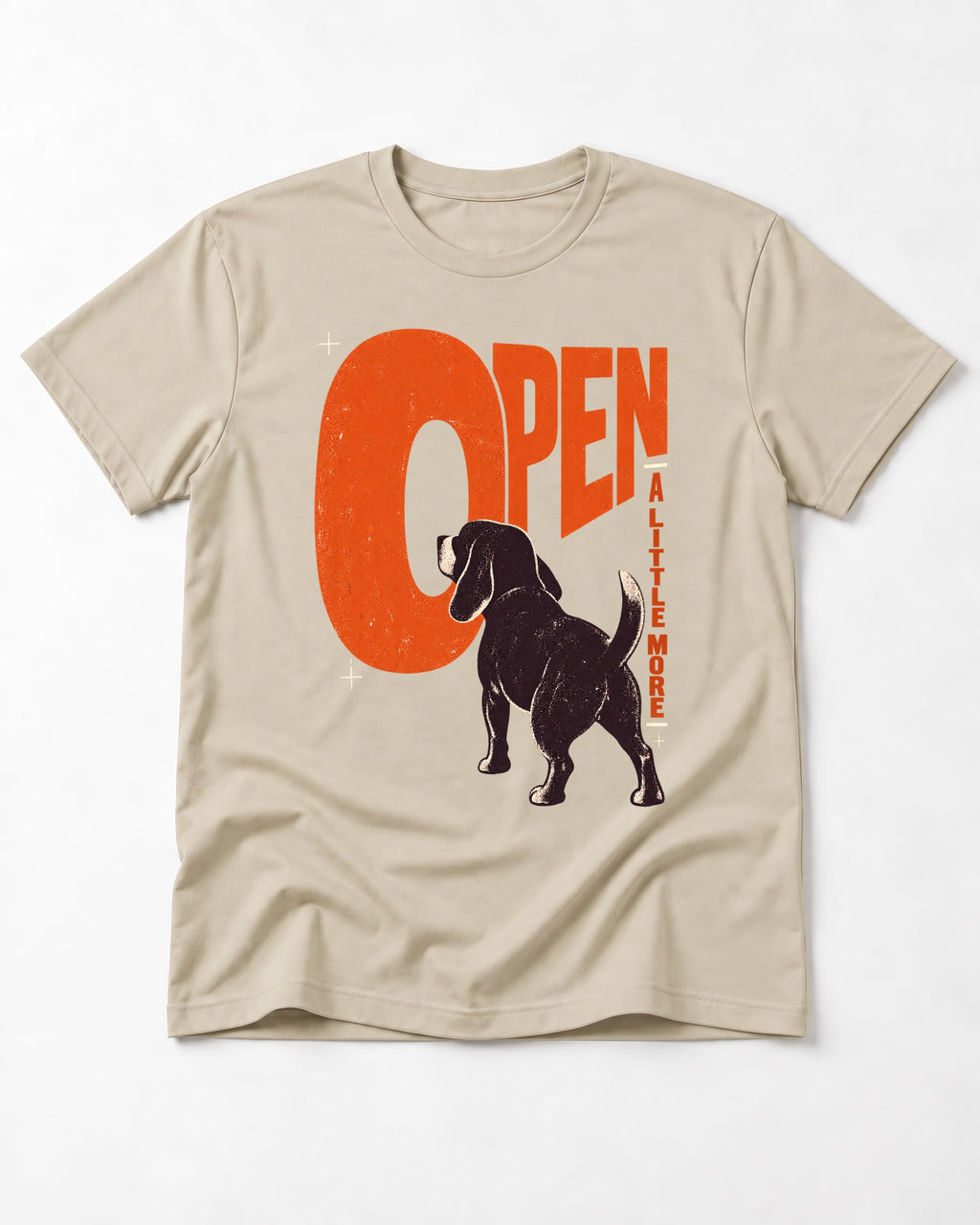 Open a Little More Beagle T-Shirt in Sand, flat lay product photo