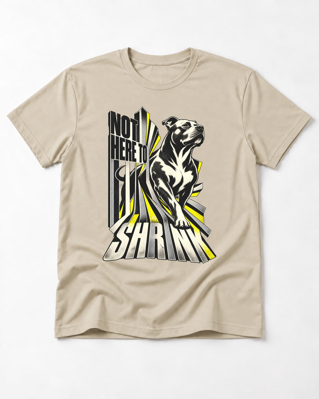Not Here to Share Pitbull T-Shirt in Sand, flat lay product photo