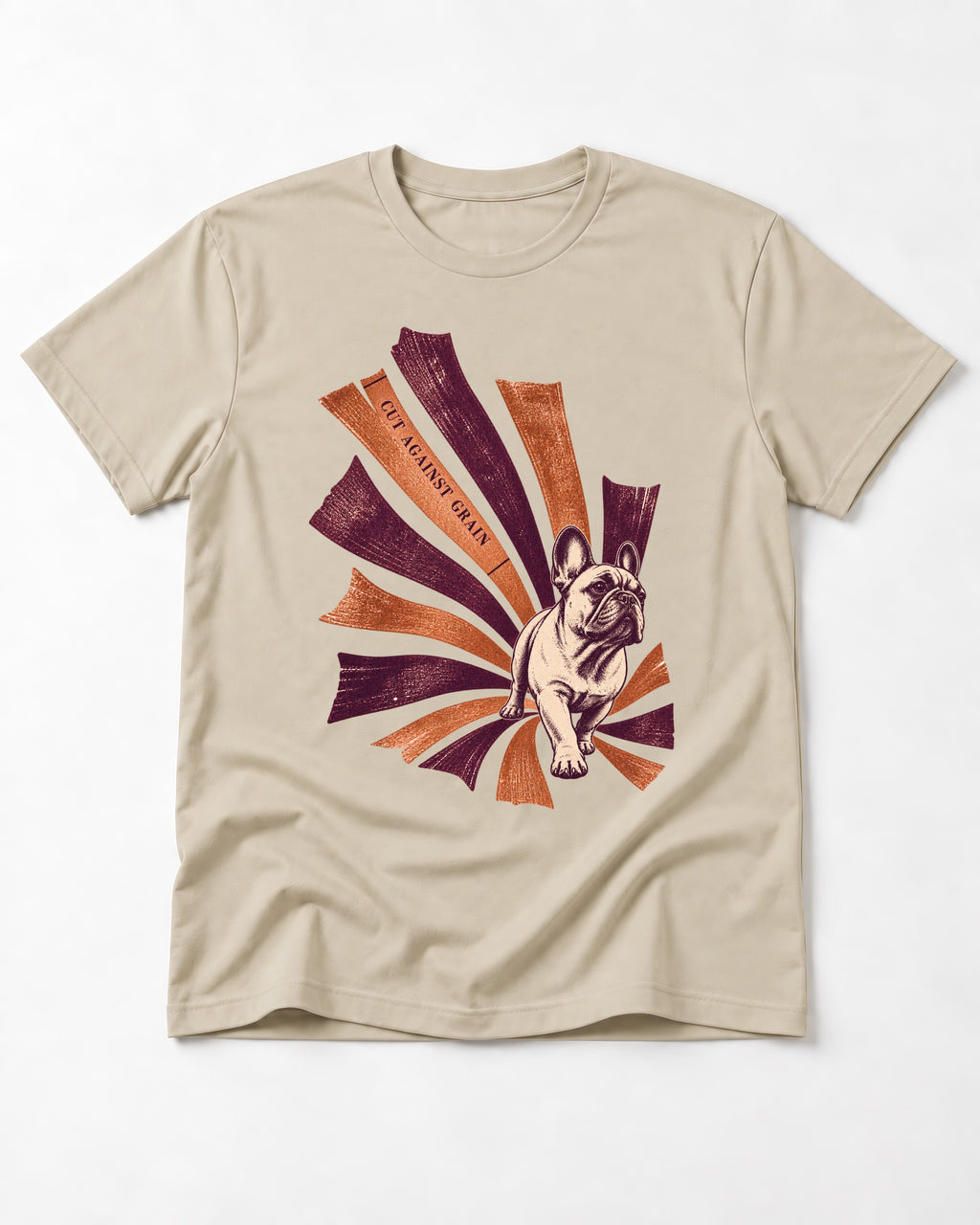Frenchie Against the Grain T-Shirt in Sand, flat lay product photo
