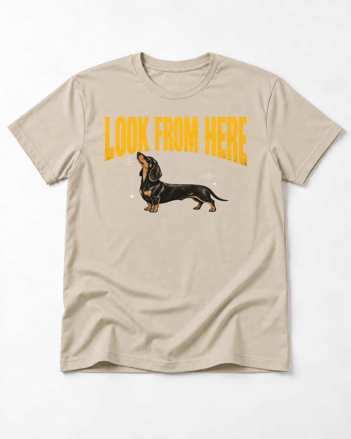Dachshund Look From Here T-Shirt in Sand, flat lay product photo