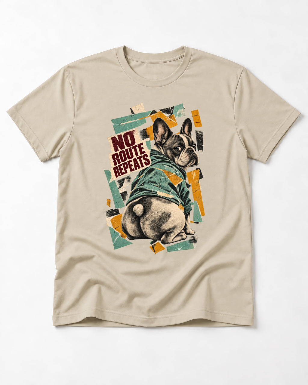 No Route Repeats Frenchie T-Shirt in Sand, flat lay product photo