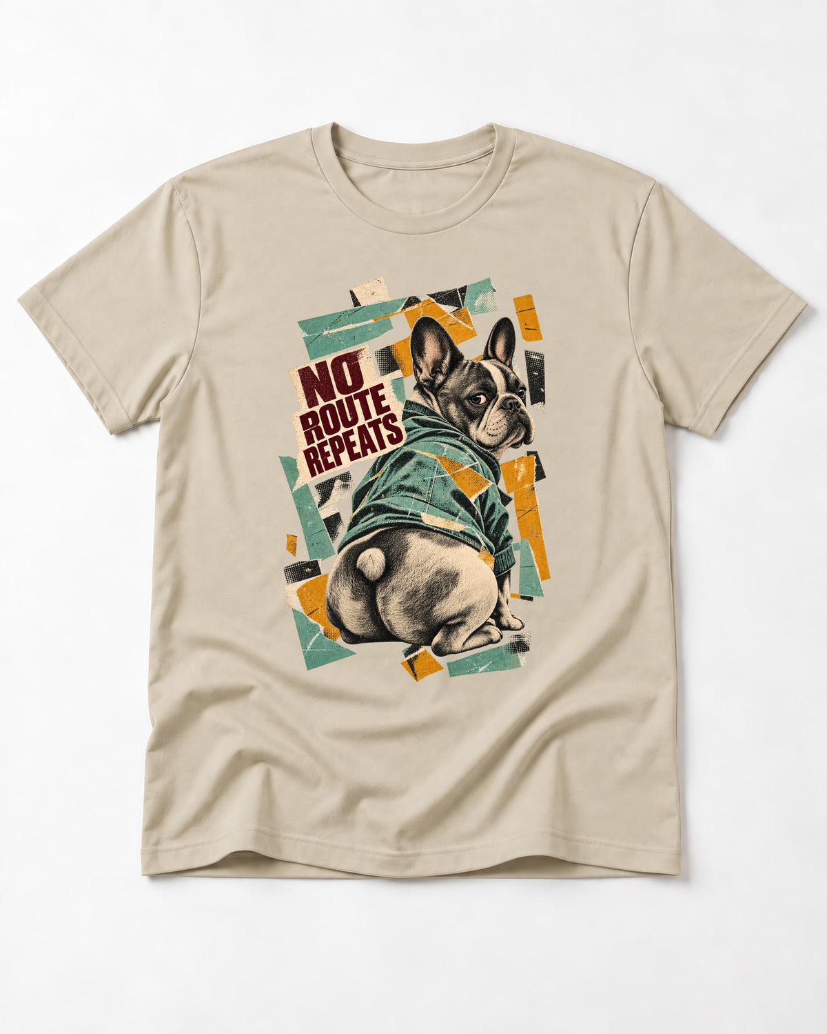 No Route Repeats Frenchie T-Shirt in Sand, flat lay product photo