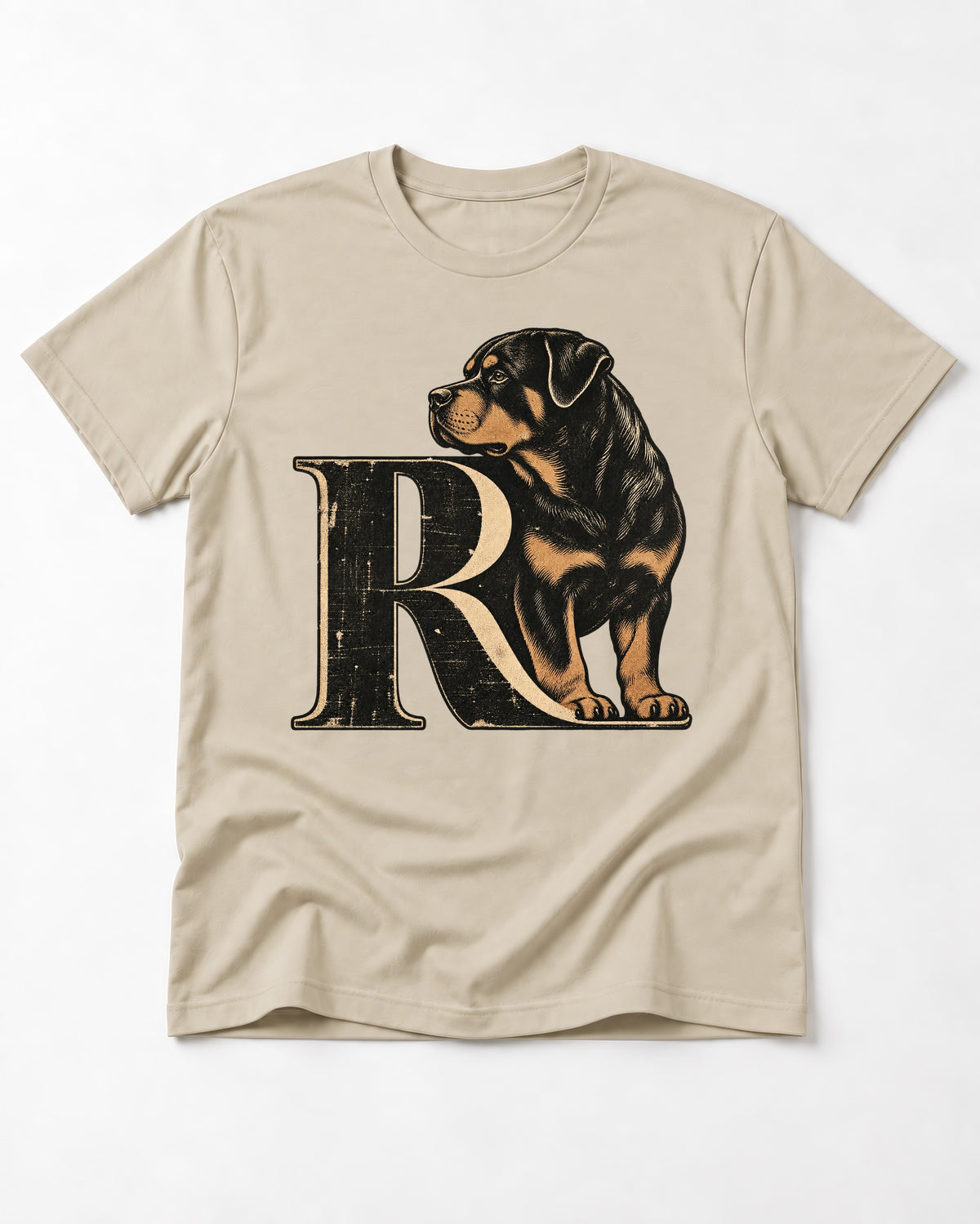 Rottweiler Pride T-Shirt in Sand, flat lay product photo