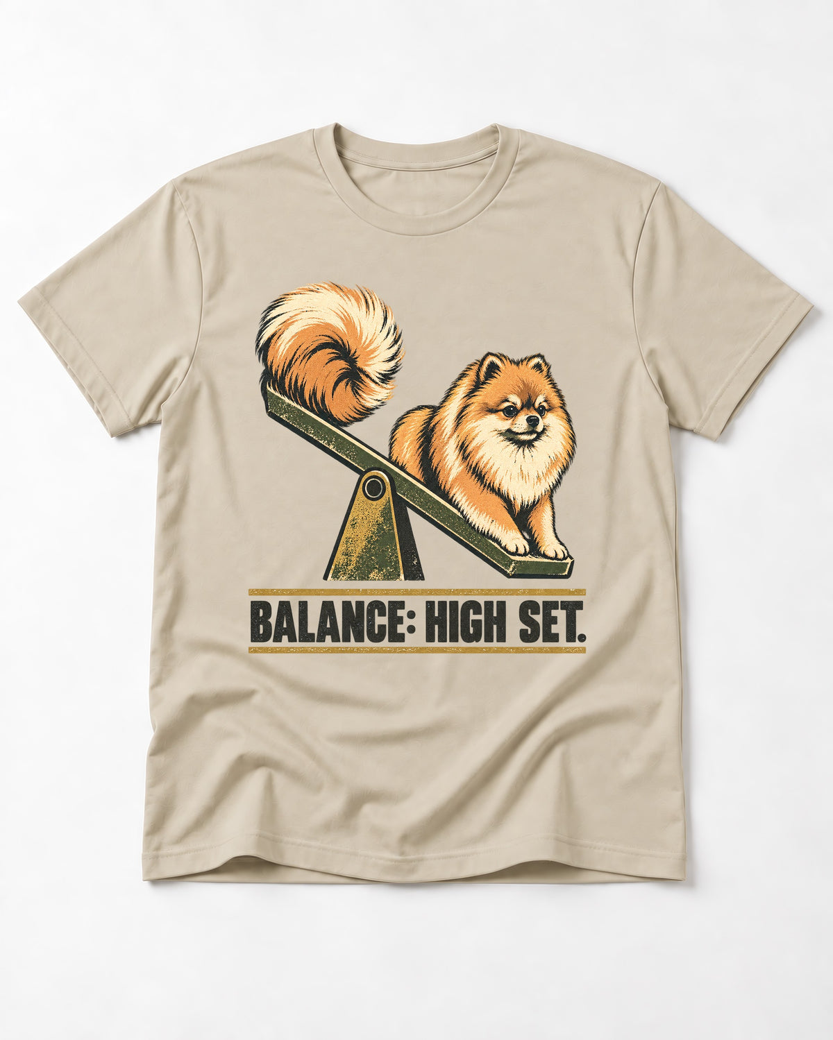 Pomeranian Balance High Set T-Shirt in Sand, flat lay product photo