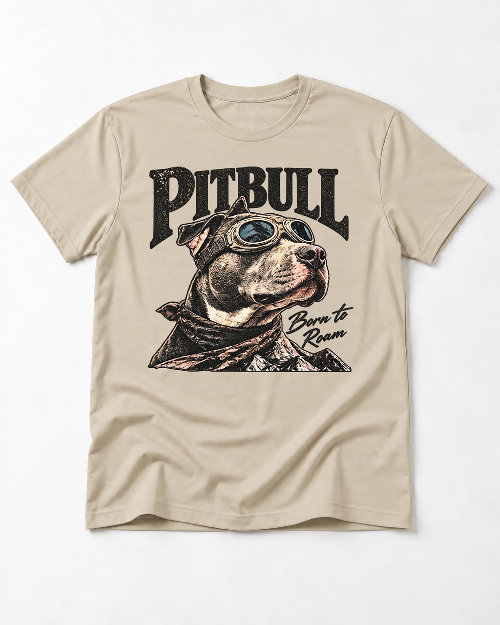 Pitbull Born to Roam T-Shirt in Sand, flat lay product photo