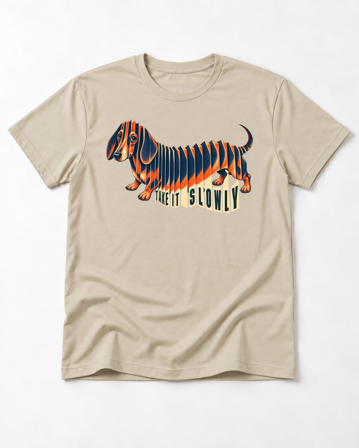 Take It Slowly Dachshund T-Shirt in Sand, flat lay product photo