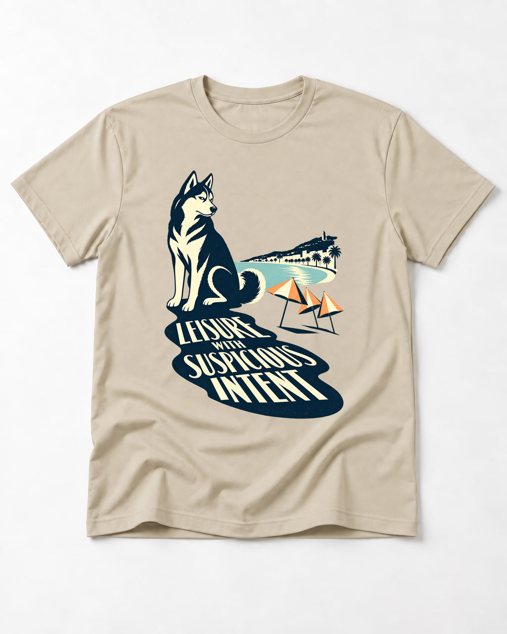 Husky Leisure with Suspicious Intent T-Shirt in Sand, flat lay product photo