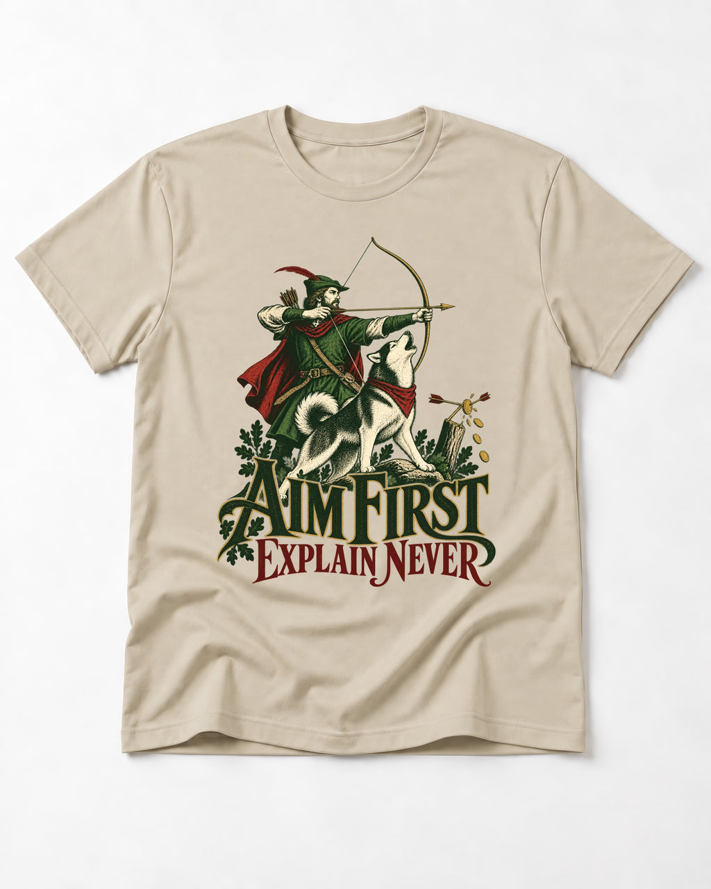 Husky Aim First Explain Never T-Shirt in Sand, flat lay product photo