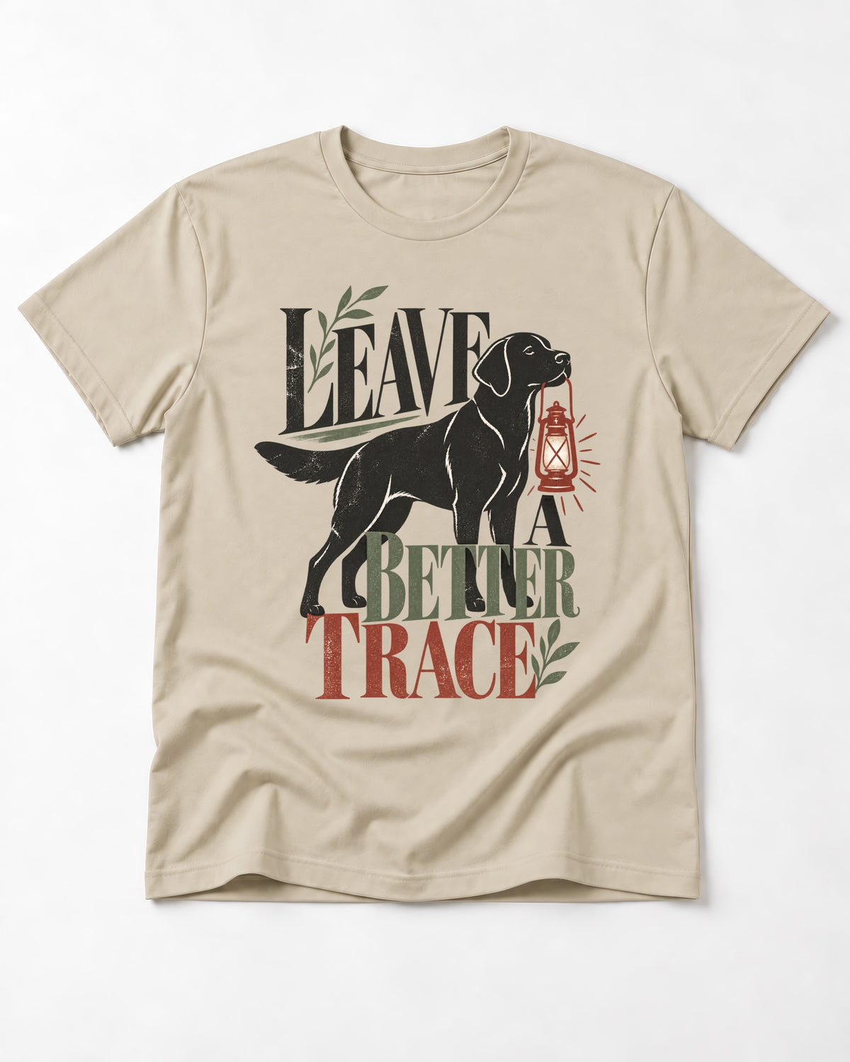 Leave a Better Trace Labrador Retriever T-Shirt in Sand, flat lay product photo