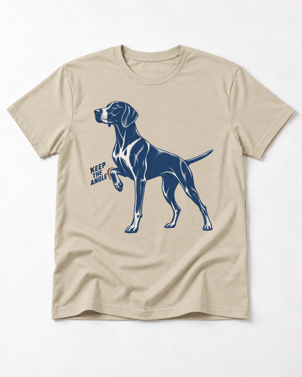 Keep the Angle German Shorthaired Pointer T-Shirt in Sand, flat lay product photo